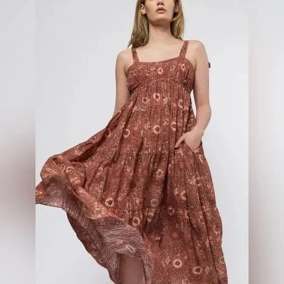 Ulla Johnson Cordelia Floral Tiered Midi Dress Smocked Tie Strap Rosebud Brown 4